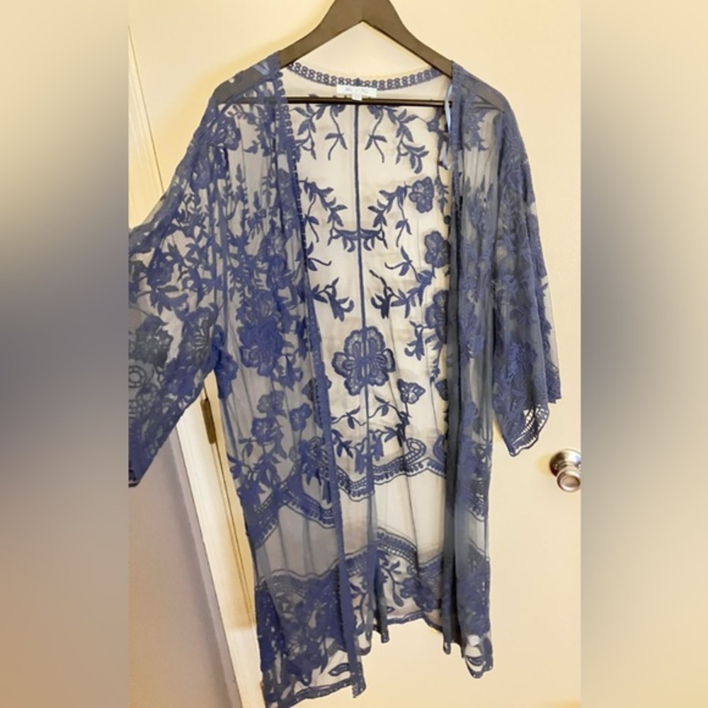 Blue Floral Lace Kimono Sheer Half Sleeve Duster Festival Boho Size Small/Medium